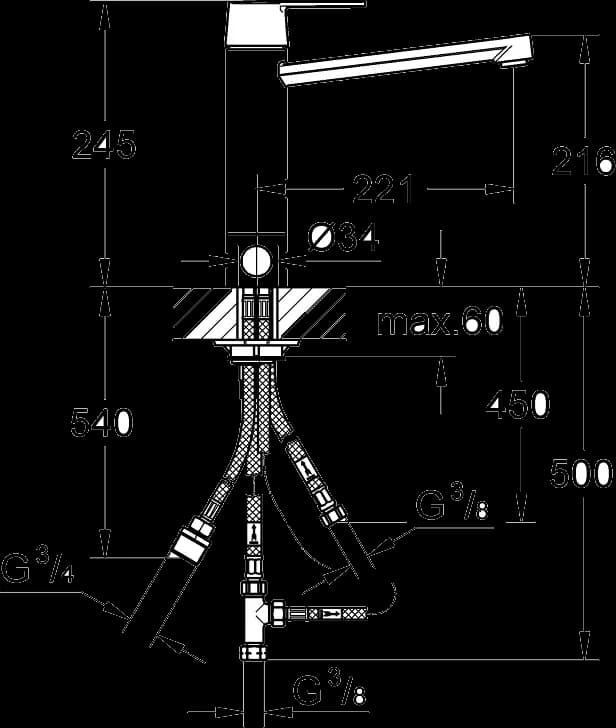 GROHE Get Baterie spălător cu monocomandă 1/2" - desen tehnic cu cote