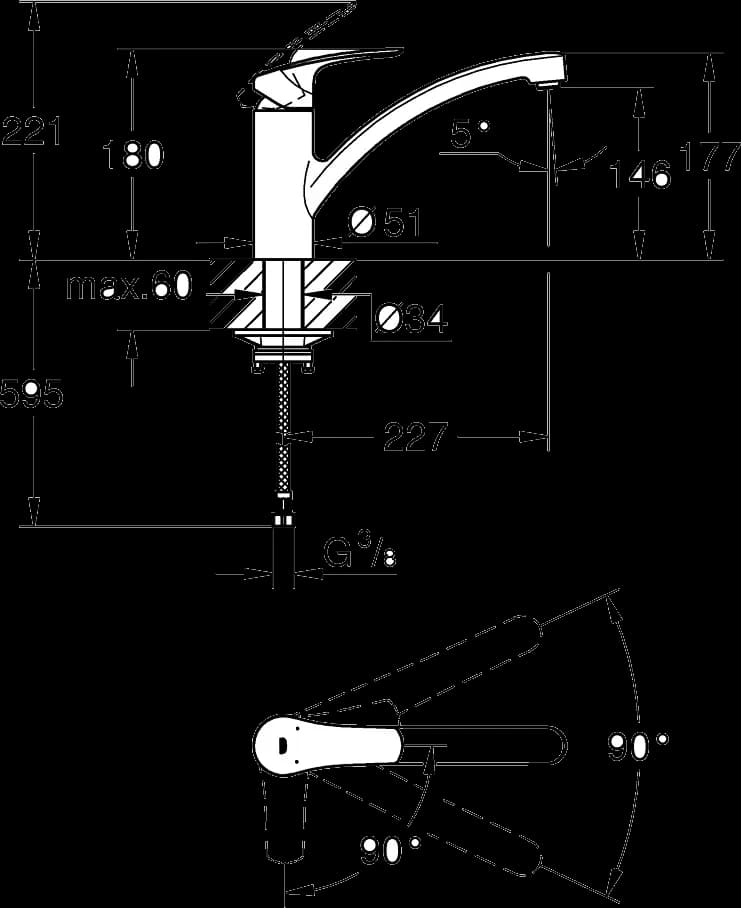 GROHE Eurosmart Baterie spălător cu monocomandă 1/2" - desen tehnic cu cote