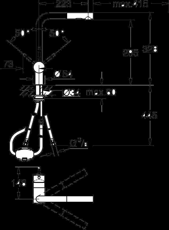 GROHE Minta Baterie spălător cu monocomandă 1/2" - desen tehnic cu cote