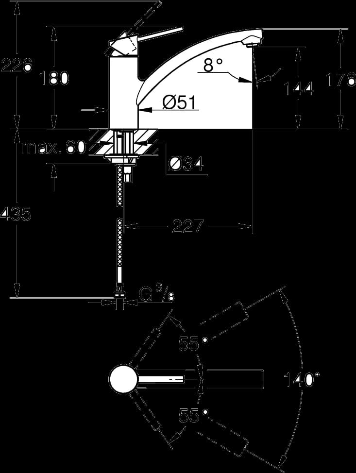 GROHE Swift Baterie spălător cu monocomandă 1/2" - desen tehnic cu cote