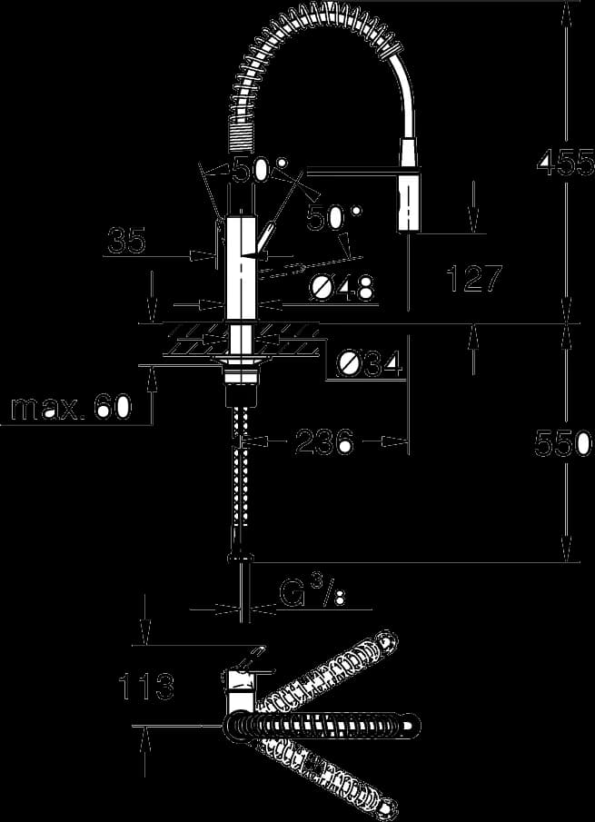 GROHE Get Baterie spălător cu monocomandă 1/2" - desen tehnic cu cote