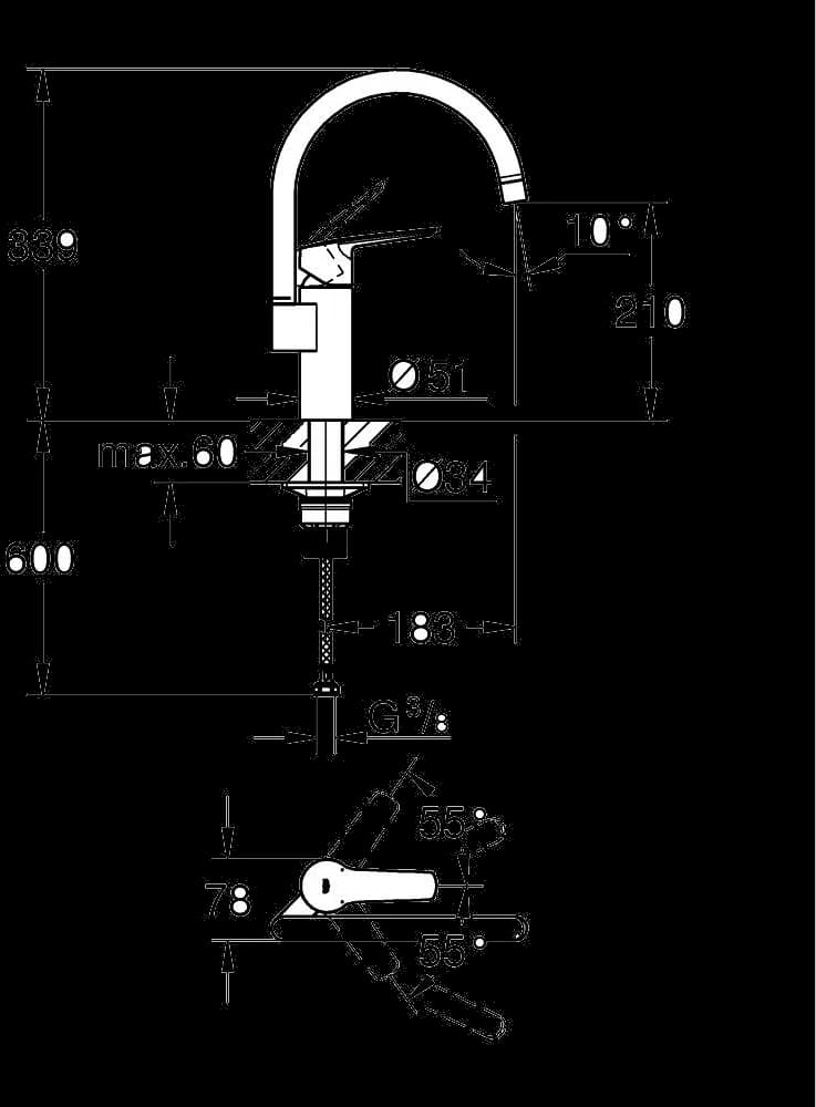 GROHE Start Baterie spălător cu monocomandă 1/2" - desen tehnic cu cote