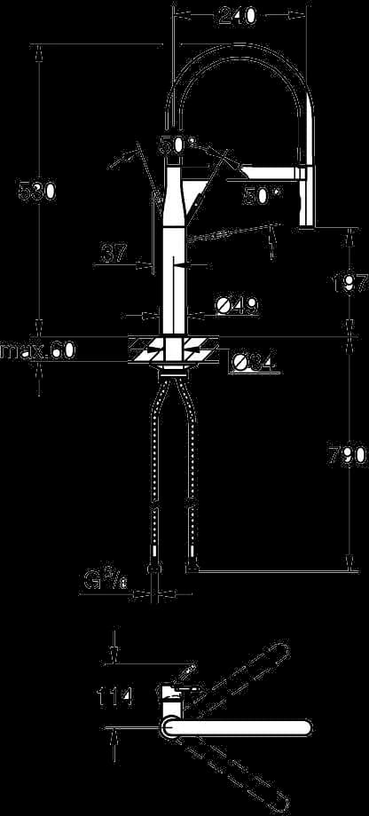 GROHE Essence Baterie spălător cu monocomandă 1/2" - desen tehnic cu cote