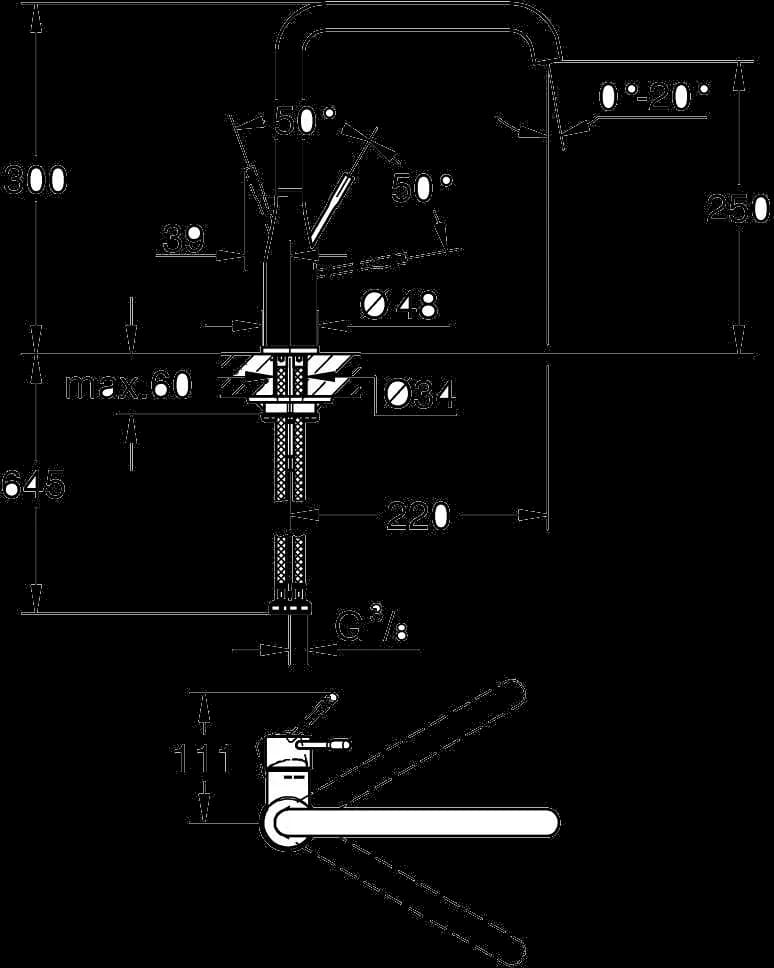 GROHE Essence Baterie spălător cu monocomandă 1/2" - desen tehnic cu cote