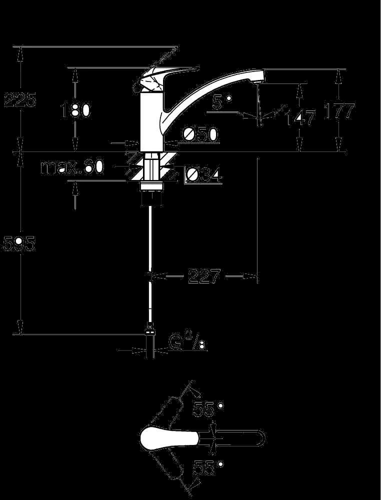 GROHE Eurosmart Baterie spălător cu monocomandă 1/2" - desen tehnic cu cote