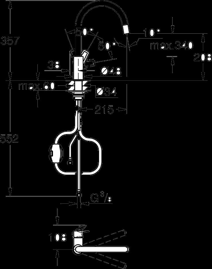 GROHE BauLoop Baterie spălător cu monocomandă 1/2" - desen tehnic cu cote