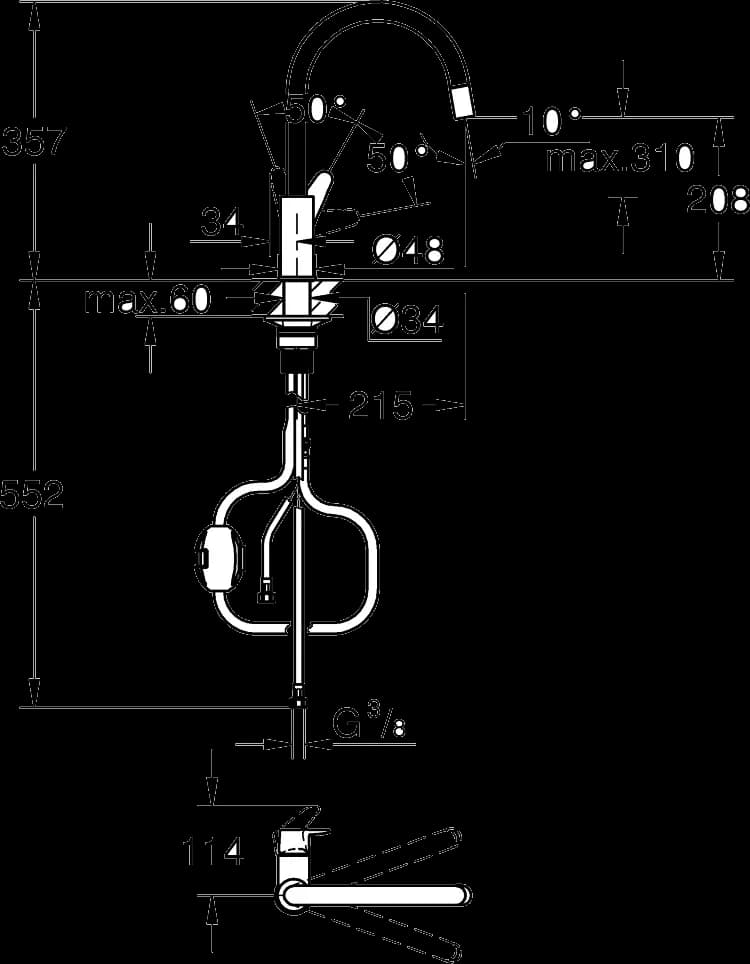 GROHE Start Curve Baterie spălător cu monocomandă 1/2" - desen tehnic cu cote