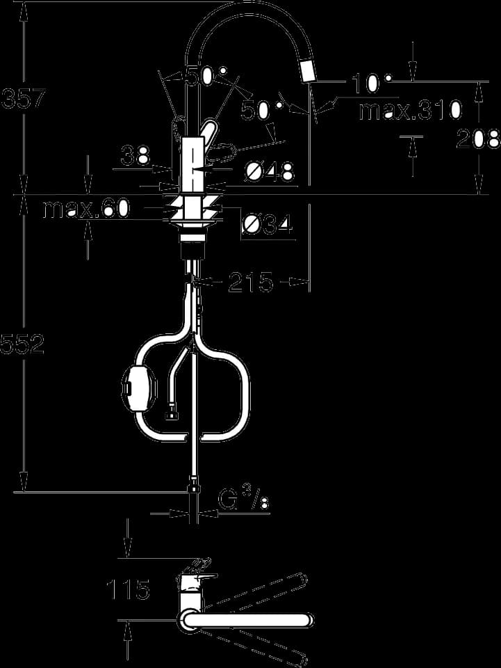 GROHE Start Flow Baterie spălător cu monocomandă 1/2" - desen tehnic cu cote