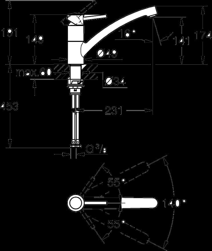GROHE BauClassic Baterie spălător cu monocomandă 1/2" - desen tehnic cu cote