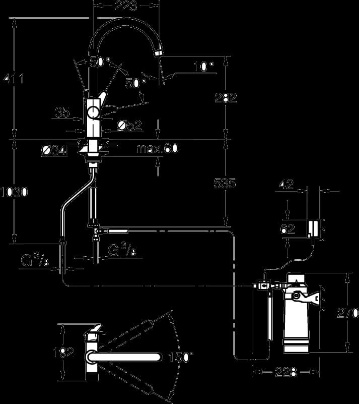 GROHE Blue Pure BauCurve Set de început cu filtru UltraSafe - desen tehnic cu cote
