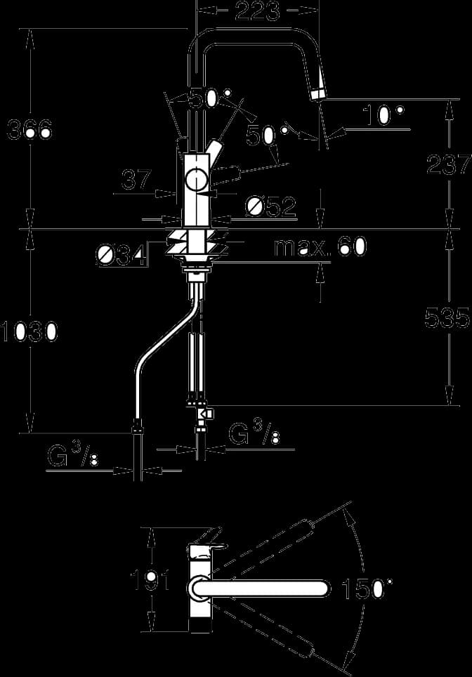 GROHE Blue Pure Eurosmart Baterie cu filtrare a apei - desen tehnic cu cote
