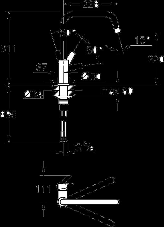GROHE Start Baterie spălător cu monocomandă 1/2" - desen tehnic cu cote