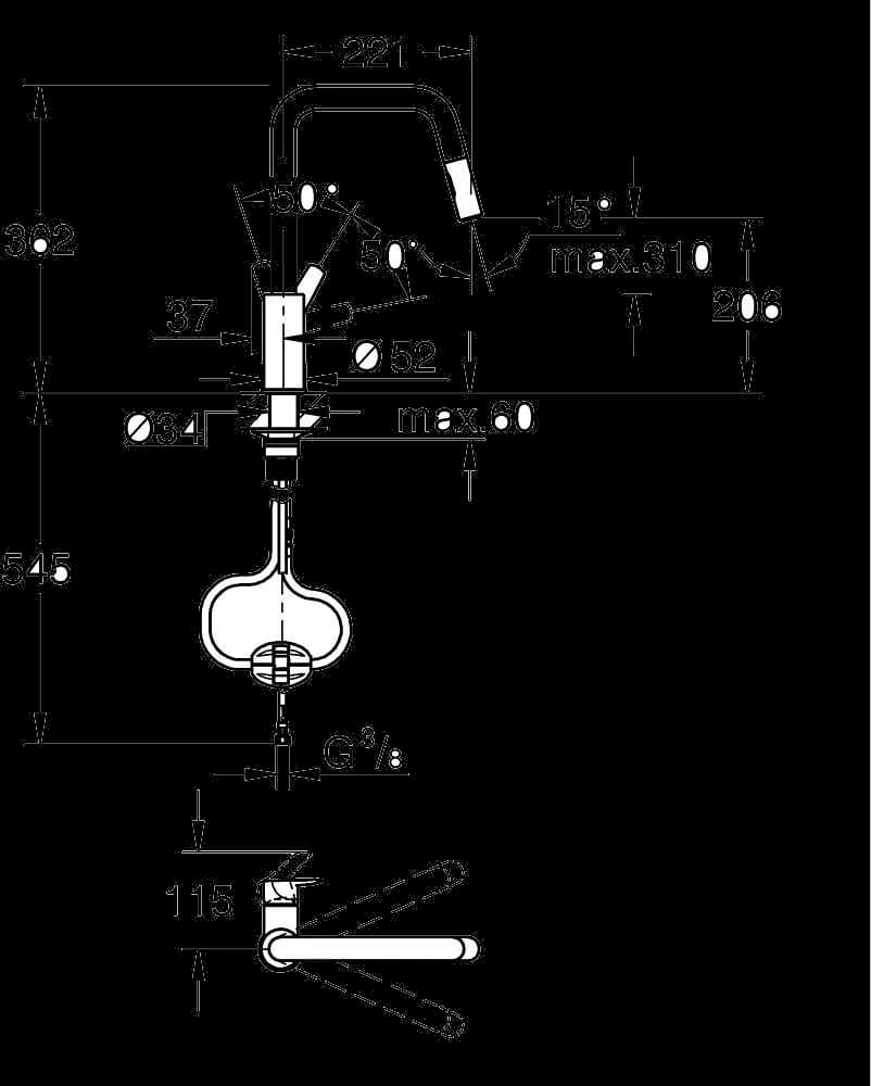 GROHE Start Baterie spălător cu monocomandă 1/2" - desen tehnic cu cote