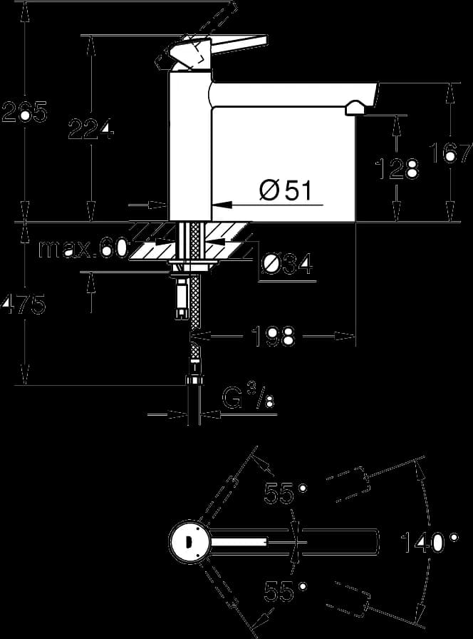 GROHE Concetto Baterie spălător cu monocomandă 1/2" - desen tehnic cu cote