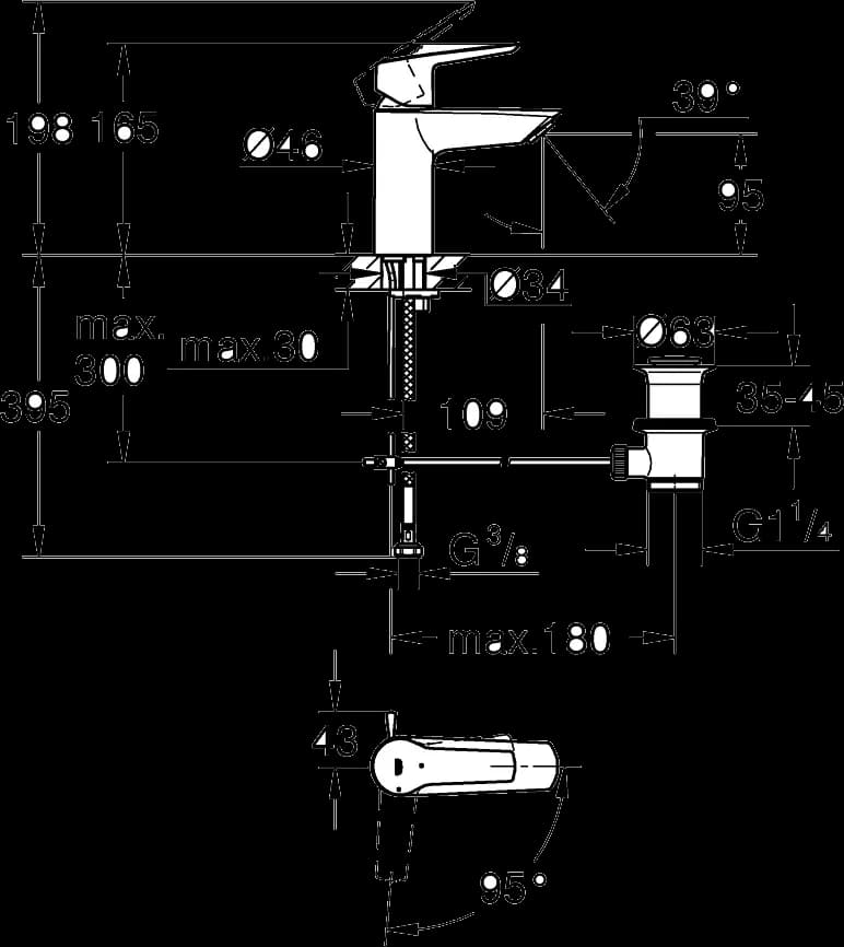 GROHE Start Baterie lavoar monocomandă 1/2" - desen tehnic cu cote
