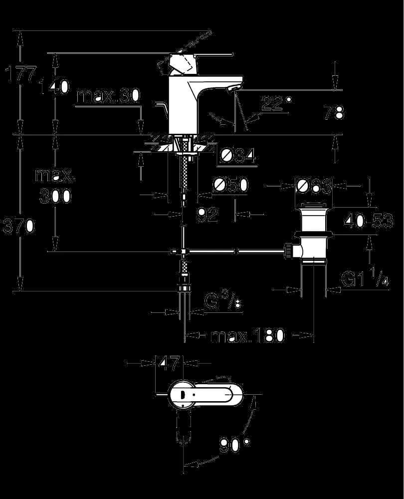 GROHE Get Baterie lavoar monocomandă 1/2" - desen tehnic cu cote