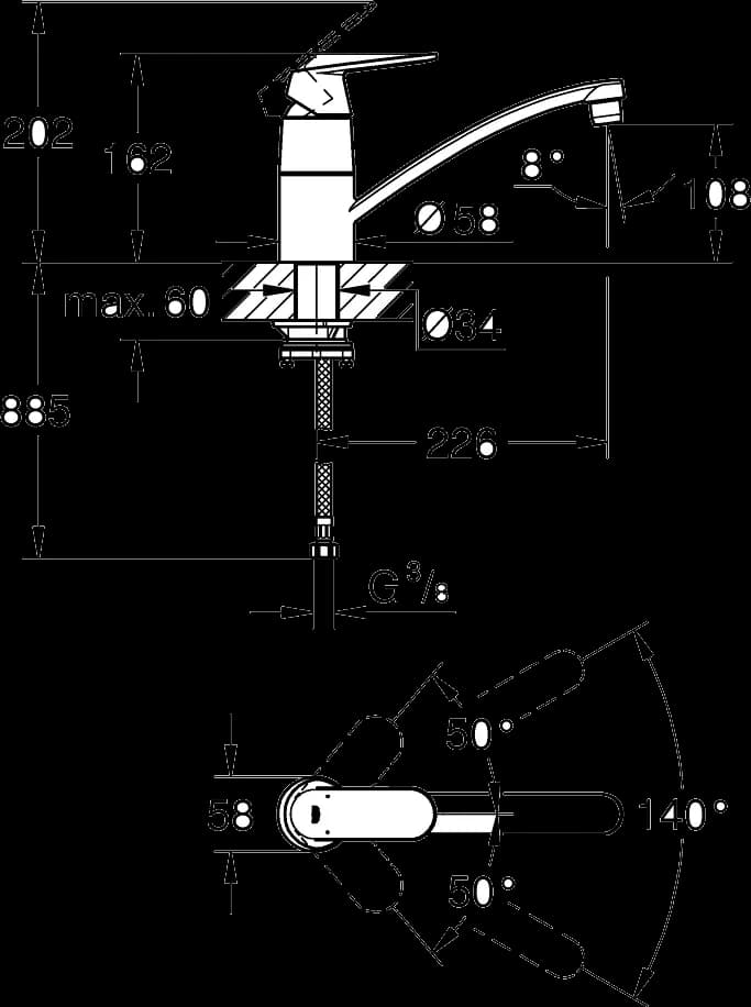 GROHE Eurosmart Cosmopolitan Baterie spălător cu monocomandă 1/2" - desen tehnic cu cote