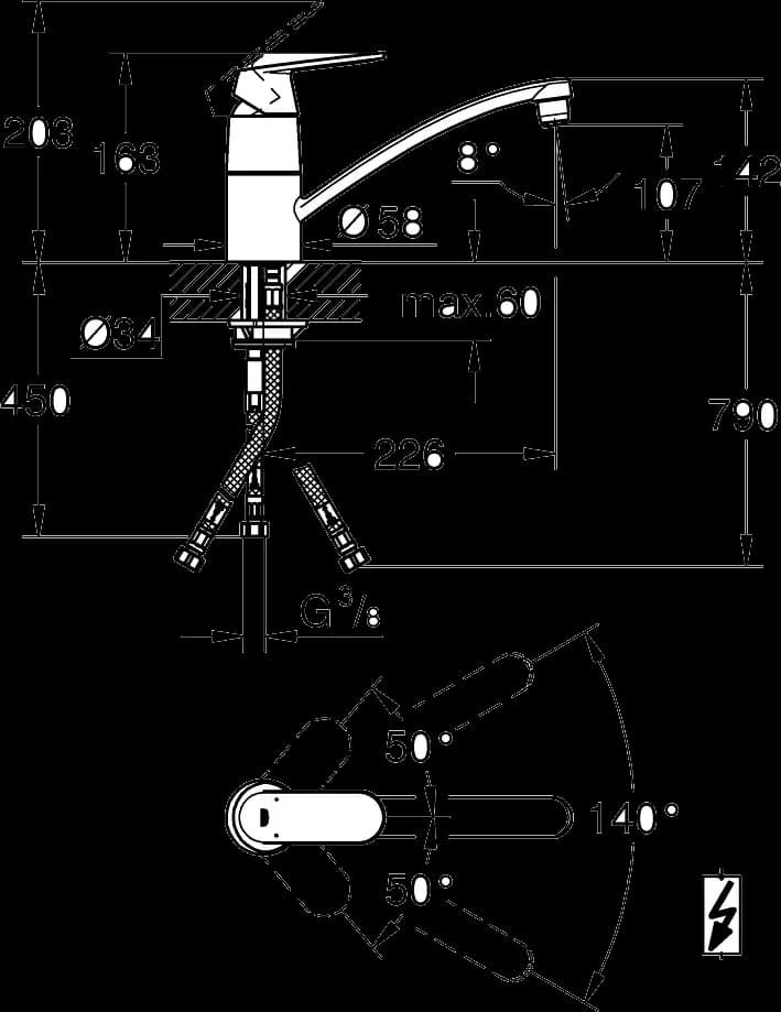 GROHE Eurosmart Cosmopolitan Baterie spălător cu monocomandă 1/2" - desen tehnic cu cote
