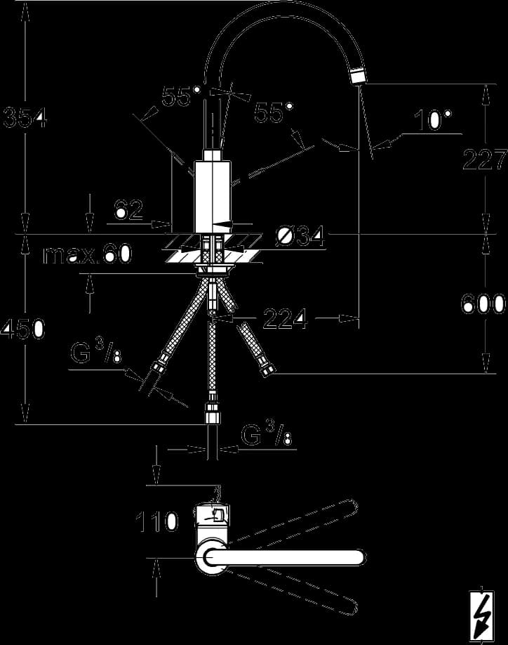 GROHE Eurosmart Cosmopolitan Baterie spălător cu monocomandă 1/2" - desen tehnic cu cote