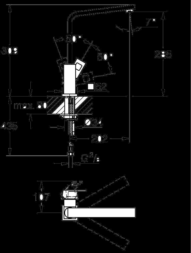 GROHE Eurocube Baterie spălător cu monocomandă 1/2" - desen tehnic cu cote