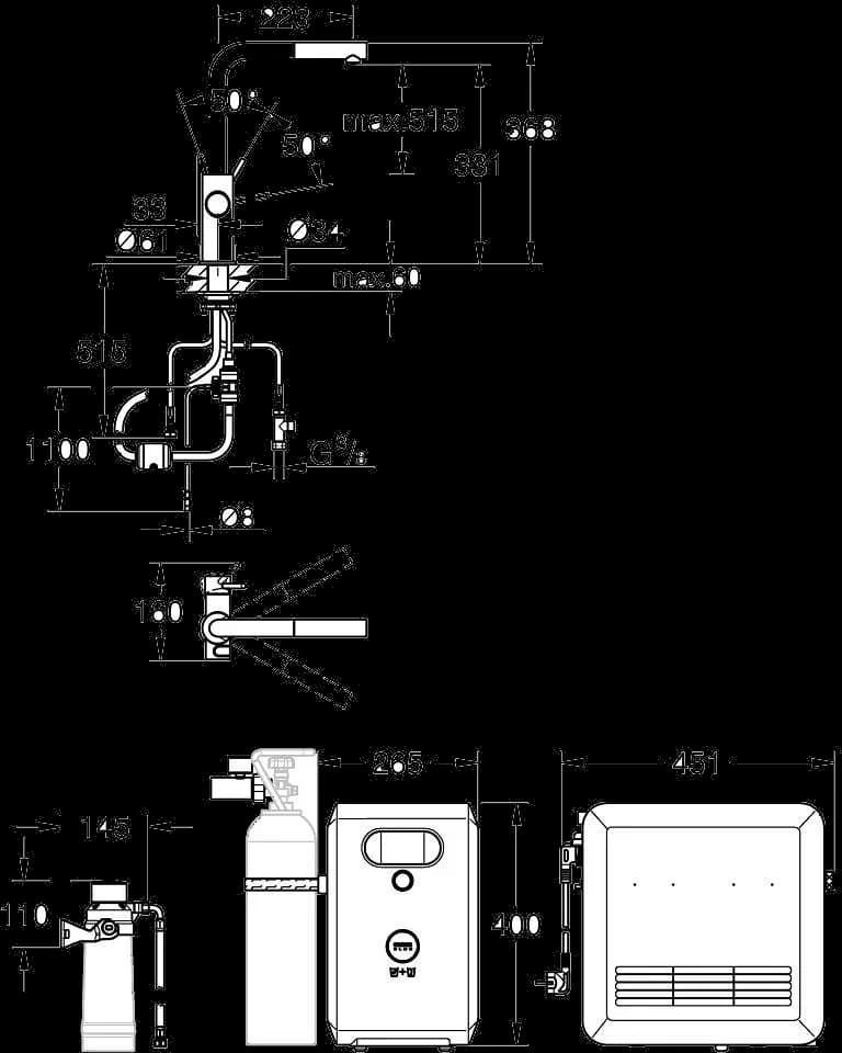 GROHE Blue Professional Set pipă L cu aerator extractibil - desen tehnic cu cote