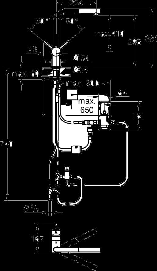 GROHE Minta Touch Baterie spălător electronică cu monocomandă 1/2" - desen tehnic cu cote