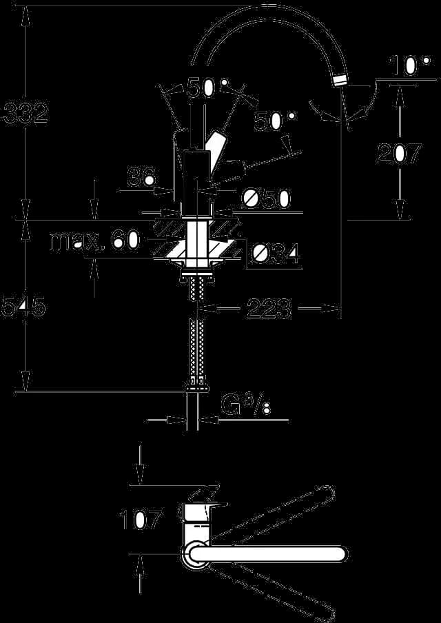 GROHE Start Edge Baterie spălător cu monocomandă 1/2" - desen tehnic cu cote