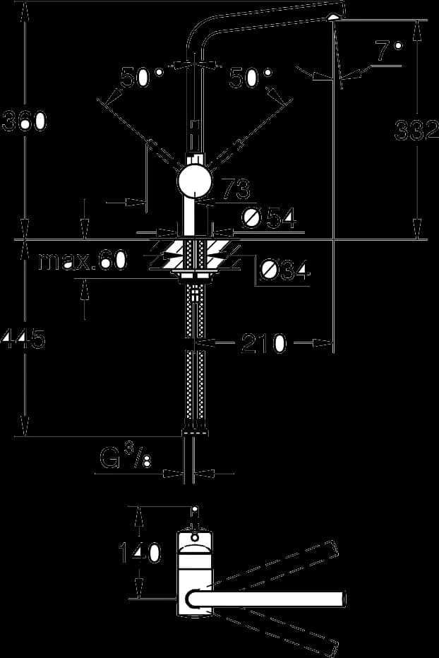 GROHE Minta Baterie spălător cu monocomandă 1/2" - desen tehnic cu cote