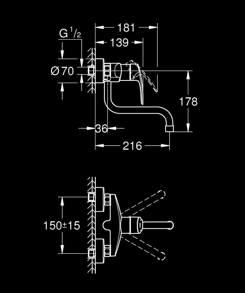 GROHE Eurosmart Baterie spălător cu monocomandă 1/2" - desen tehnic cu cote
