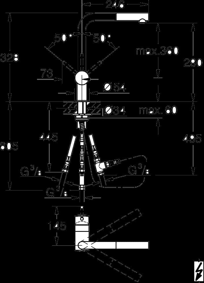 GROHE Minta Baterie spălător cu monocomandă 1/2" - desen tehnic cu cote