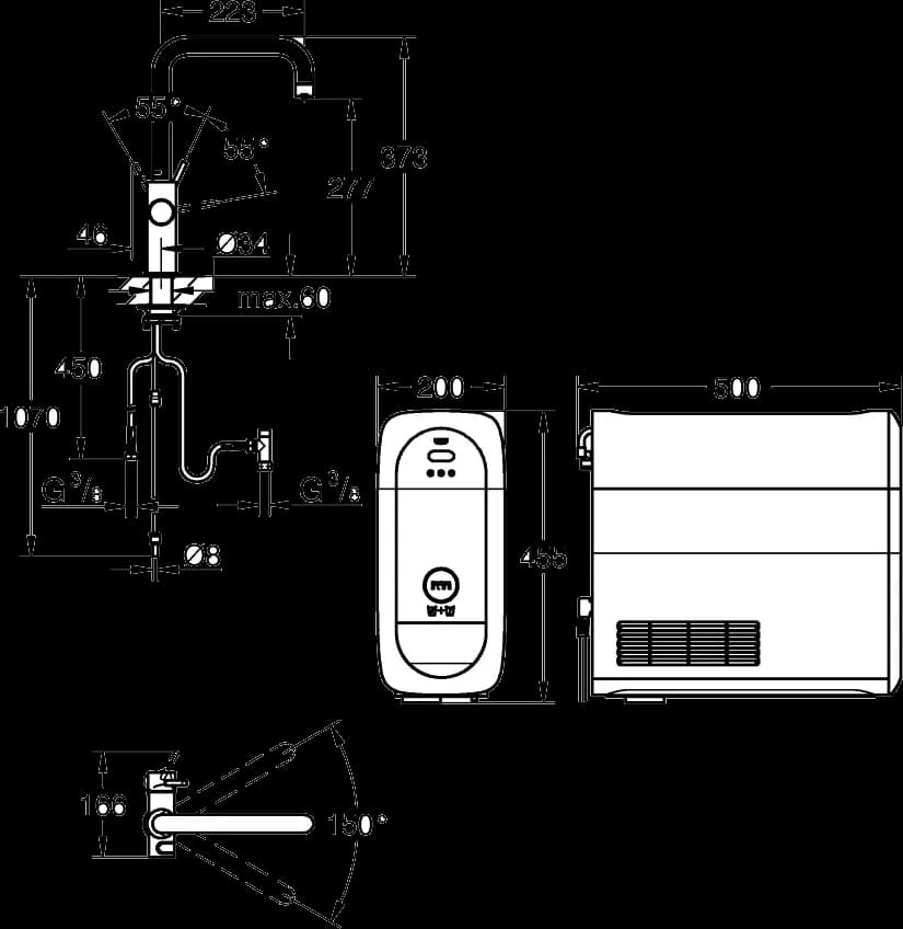 GROHE Blue Home Pipă tip U Starter Kit - desen tehnic cu cote