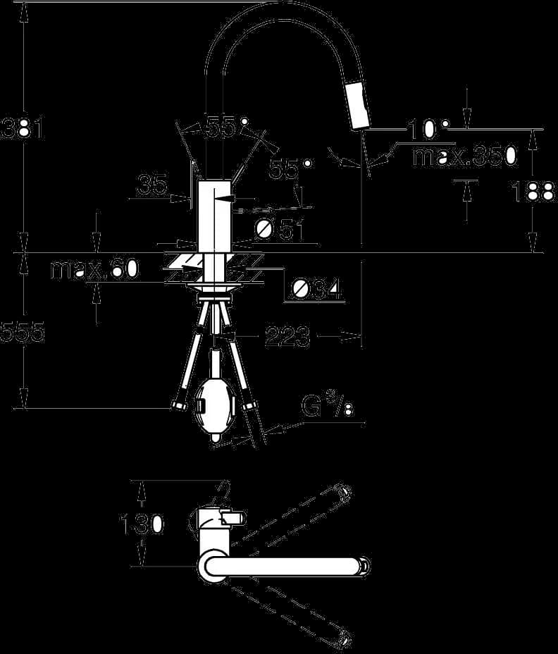 GROHE Eurosmart Cosmopolitan Baterie spălător cu monocomandă 1/2" - desen tehnic cu cote