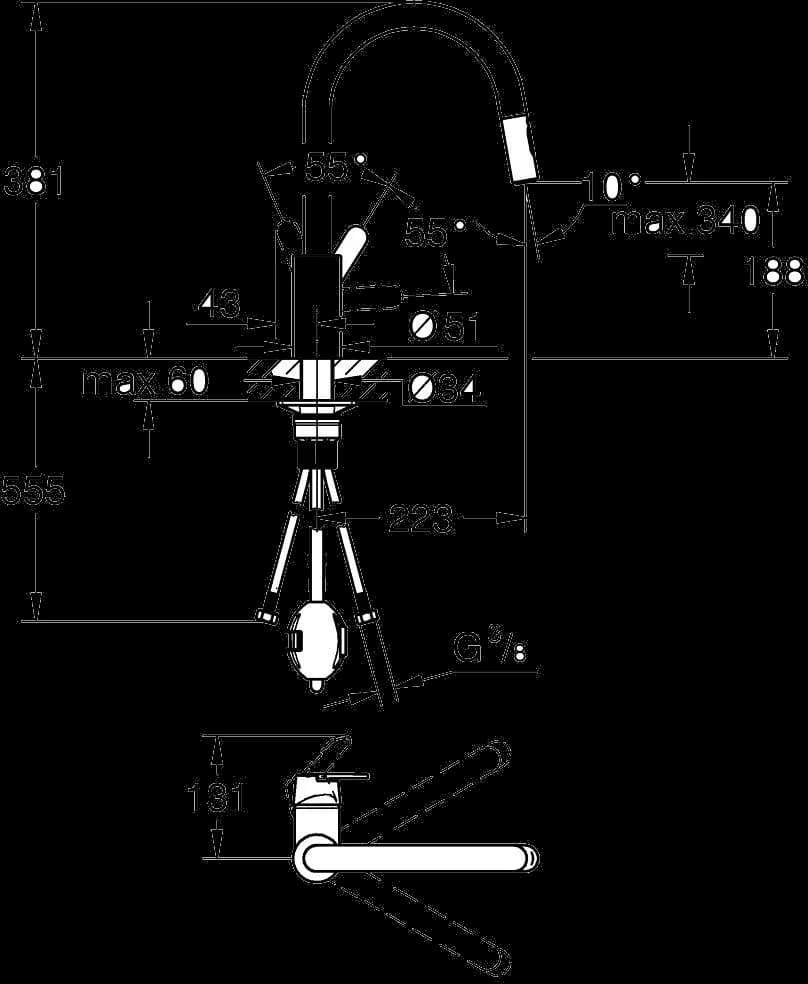 GROHE Get Baterie spălător cu monocomandă 1/2" - desen tehnic cu cote