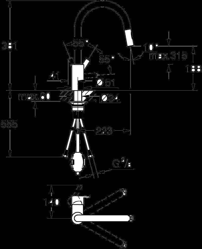 GROHE Feel Baterie spălător cu monocomandă 1/2" - desen tehnic cu cote