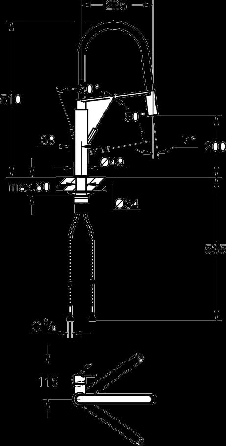GROHE Feel Baterie spălător cu monocomandă 1/2" - desen tehnic cu cote