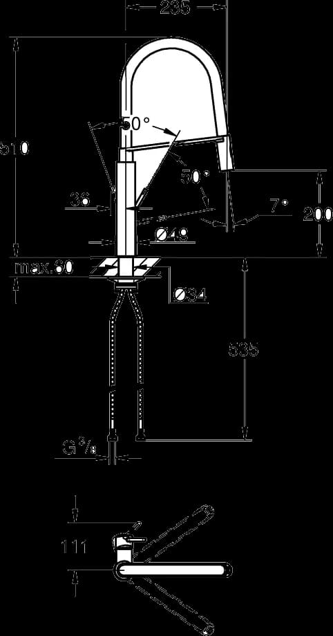 GROHE Concetto Baterie spălător cu monocomandă 1/2" - desen tehnic cu cote