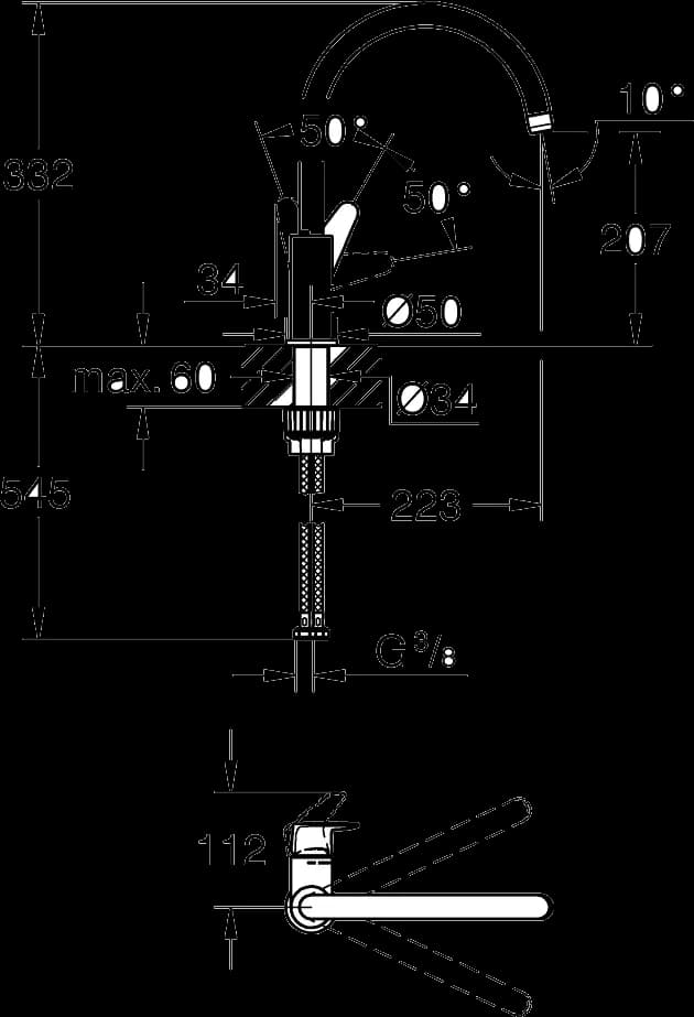 GROHE BauCurve Baterie spălător cu monocomandă 1/2" - desen tehnic cu cote