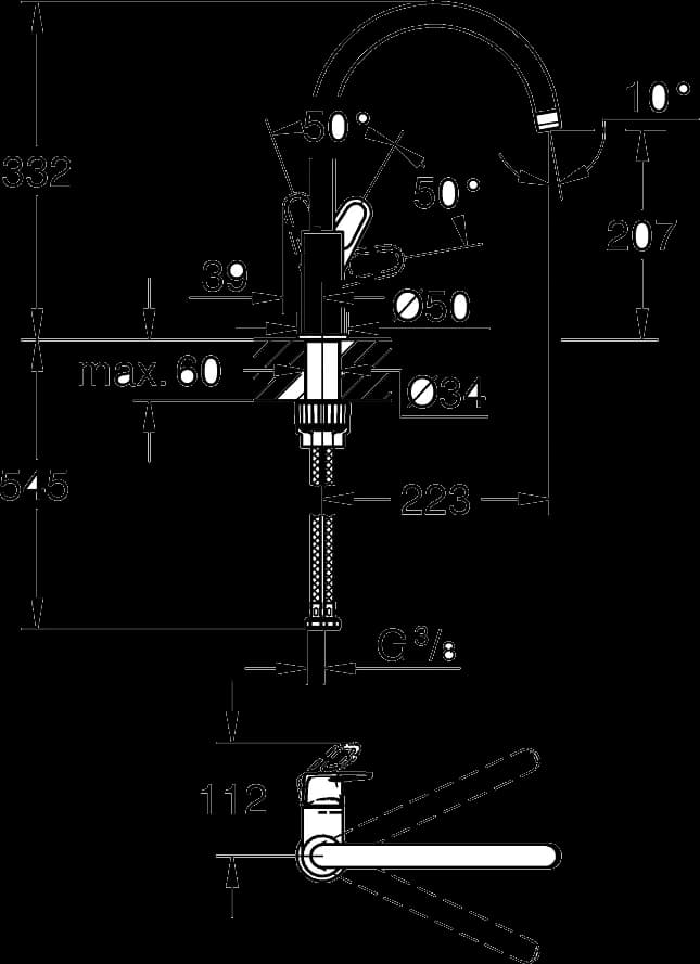 GROHE BauFlow Baterie spălător cu monocomandă 1/2" - desen tehnic cu cote