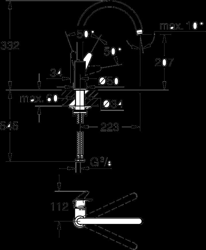 GROHE Start Curve Baterie spălător cu monocomandă 1/2" - desen tehnic cu cote
