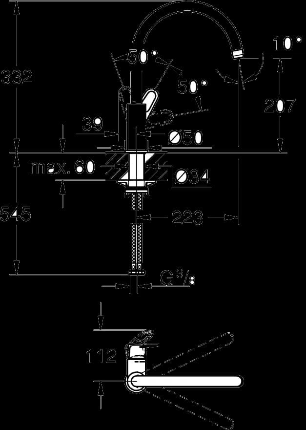 GROHE Start Flow Baterie spălător cu monocomandă 1/2" - desen tehnic cu cote