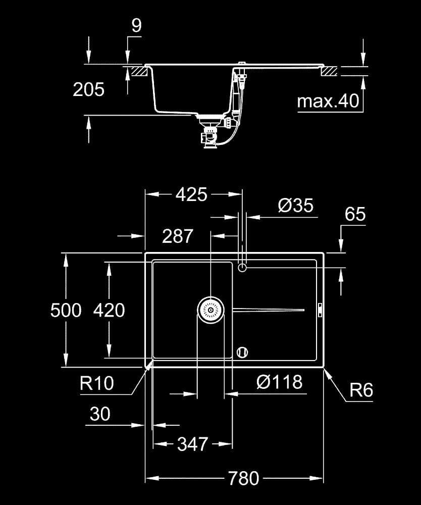 GROHE K400 Chiuvetă din compozit cu picurător - desen tehnic cu cote