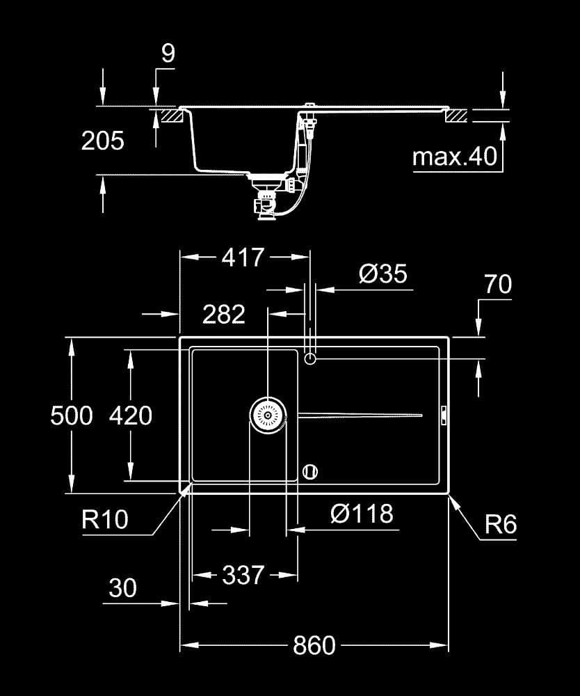 GROHE K400 Chiuvetă din compozit cu picurător - desen tehnic cu cote