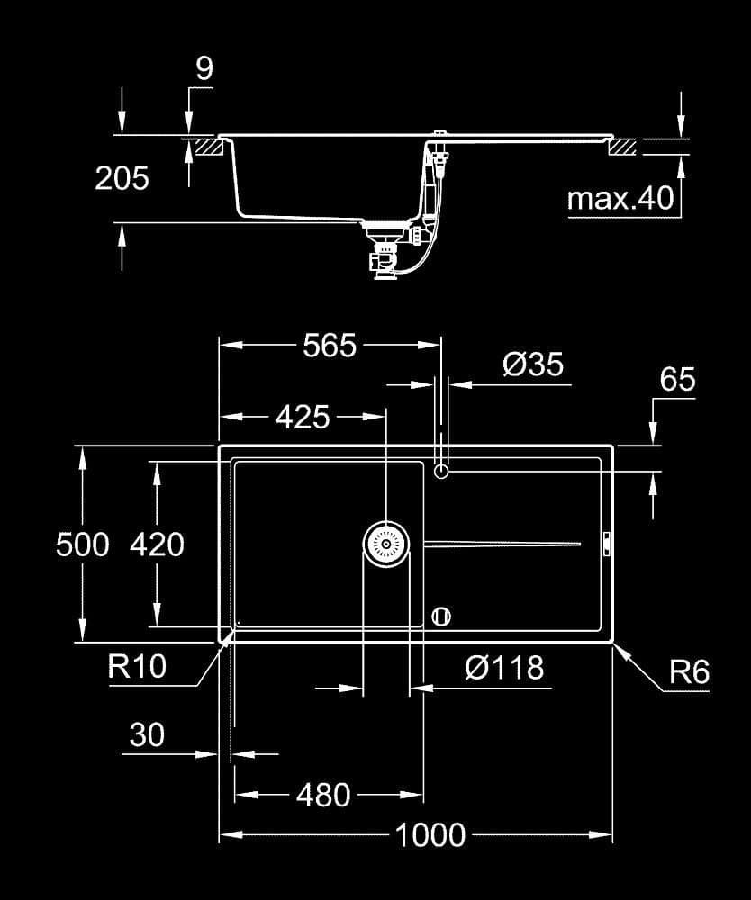 GROHE K400 Chiuvetă din compozit cu picurător - desen tehnic cu cote