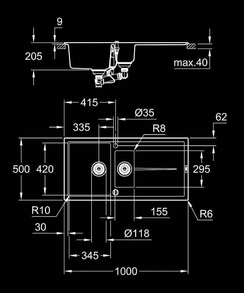 GROHE K400 Chiuvetă din compozit cu picurător - desen tehnic cu cote