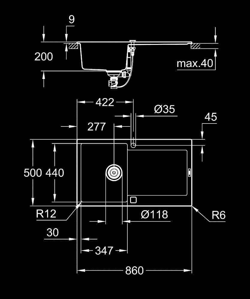 GROHE K500 Chiuvetă din compozit cu picurător - desen tehnic cu cote