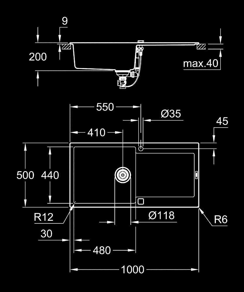 GROHE K500 Chiuvetă din compozit cu picurător - desen tehnic cu cote
