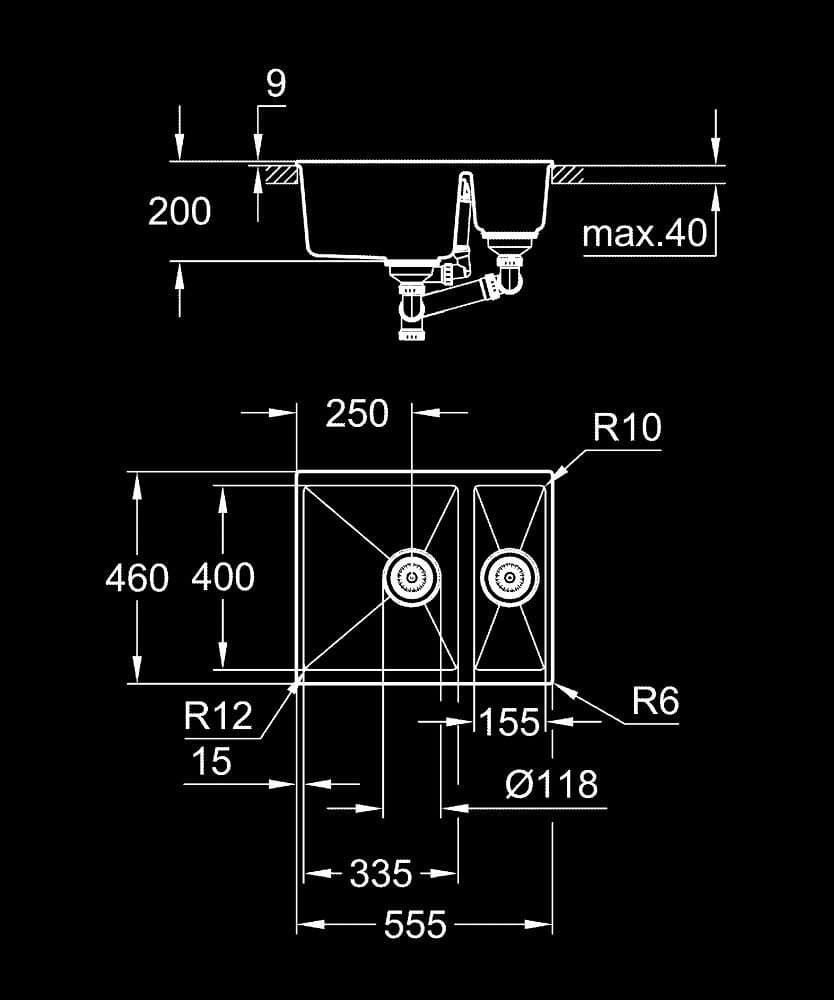 GROHE K500 Chiuvetă din compozit - desen tehnic cu cote