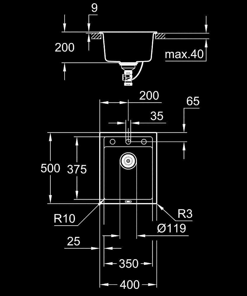 GROHE K700 Chiuvetă din compozit - desen tehnic cu cote