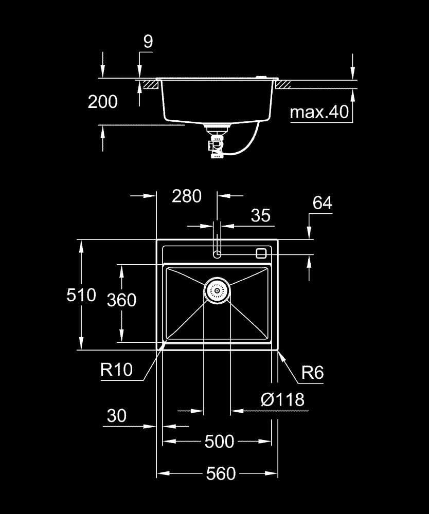 GROHE K700 Chiuvetă din compozit - desen tehnic cu cote