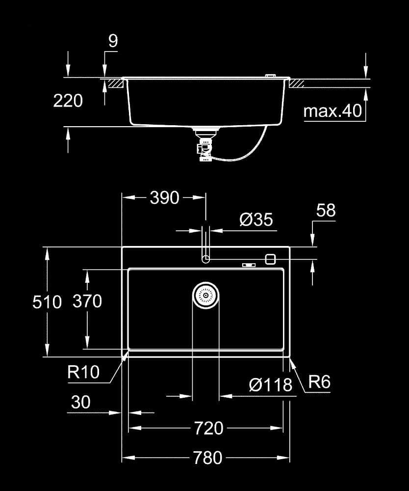 GROHE K700 Chiuvetă din compozit - desen tehnic cu cote